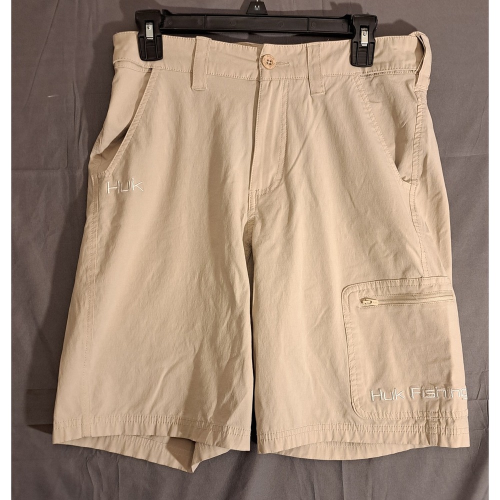 Huk Performance Fishing Shorts Men's Size Small Tan Zipper Pocket Elastic Waist